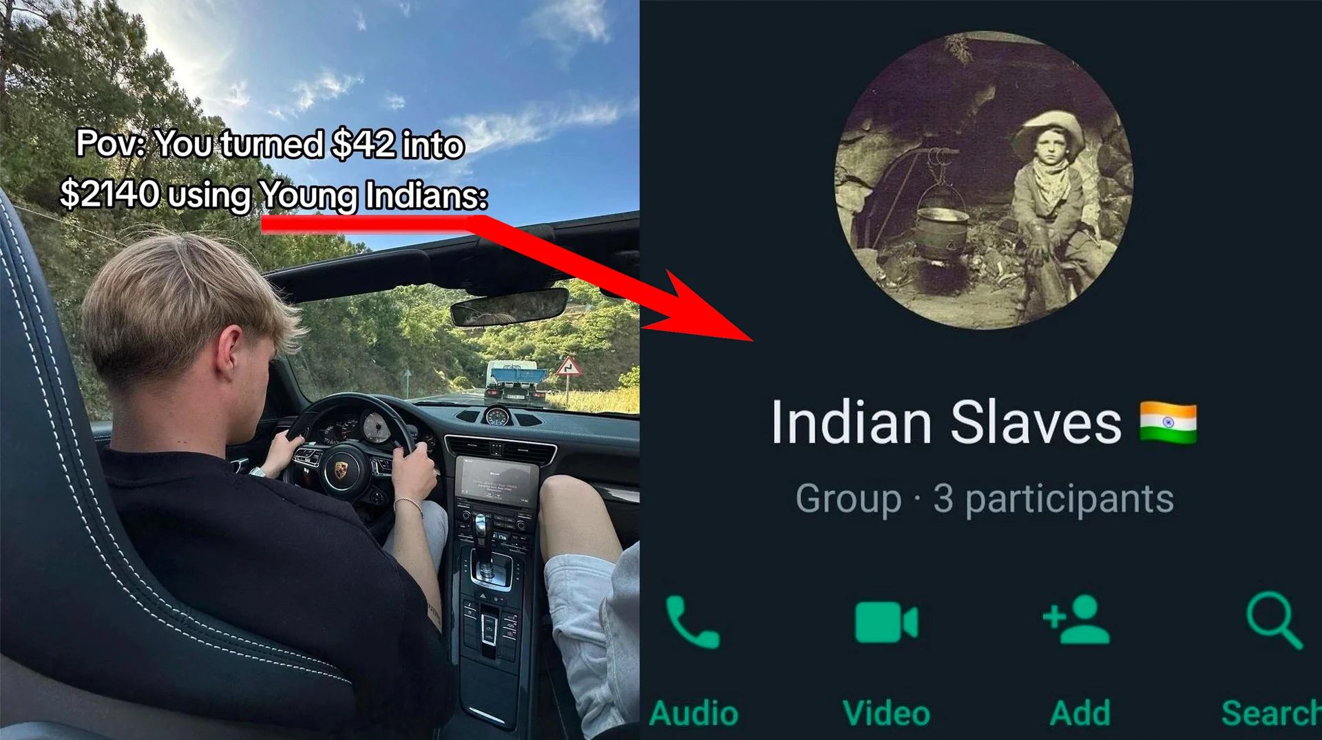 Young Indian Method — Split image of young man driving Porsche with text about Young Indians method next to WhatsApp group chat screenshot named Indian Slaves