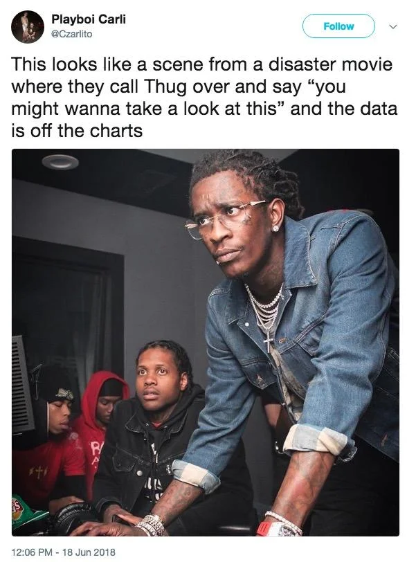Young Thug and Lil Durk Troubleshooting — Tweet comparing the Young Thug and Lil Durk photo to a disaster-movie scene.