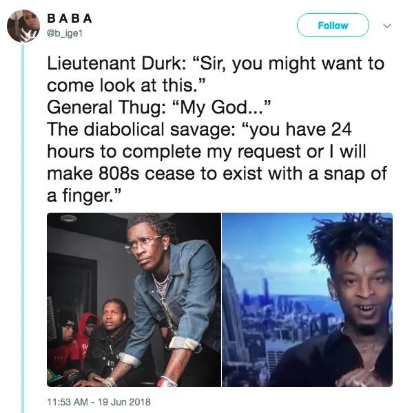 Young Thug and Lil Durk Troubleshooting — Tweet turning the Young Thug and Lil Durk photo into a military briefing scene with 21 Savage.
