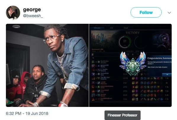 Young Thug and Lil Durk Troubleshooting — Tweet pairing the Young Thug and Lil Durk photo with a League of Legends victory screen.