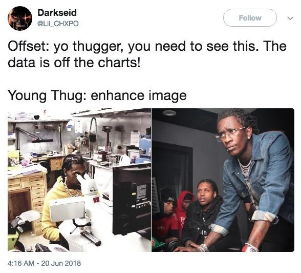 Young Thug and Lil Durk Troubleshooting — Tweet mashing up Offset at a microscope with the Young Thug and Lil Durk photo.
