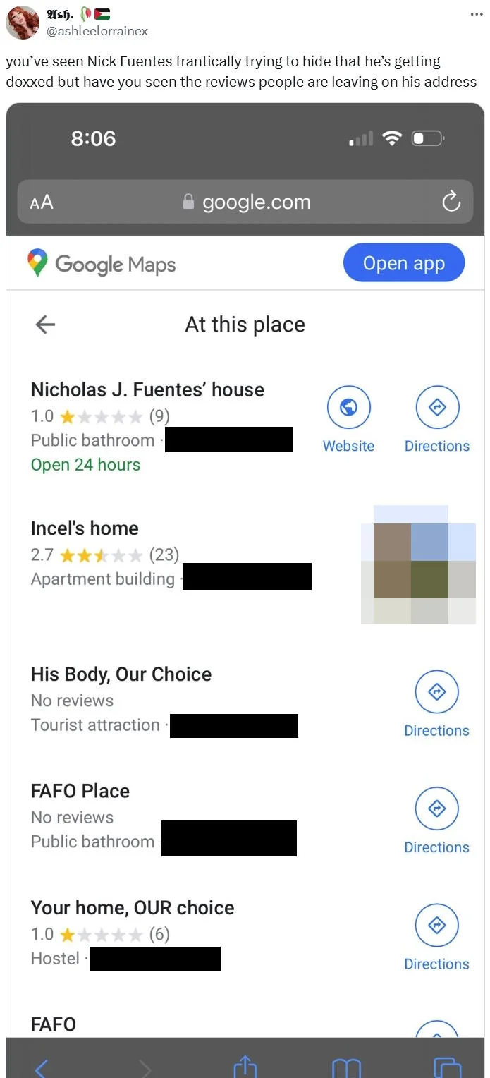 Your Body My Choice — A Google Maps screenshot showing satirical fake listings mocking Fuentes at his home address area.