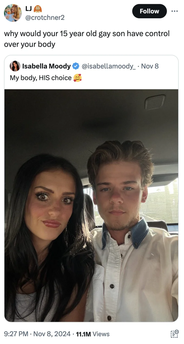 Your Body My Choice — A tweet quoting 'My body, HIS choice' with a car selfie photo accumulating 11.1M views.
