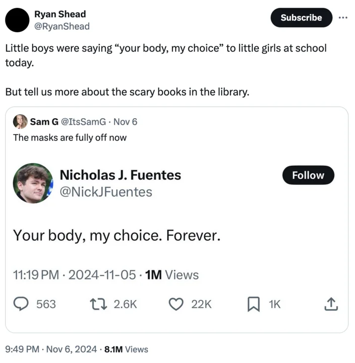 Your Body My Choice — A tweet describing boys saying the phrase to girls at school, paired with Fuentes' viral tweet screenshot.