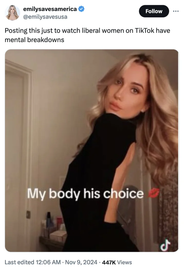 Your Body My Choice — A tweet showing a TikTok clip of a woman with 'My body his choice' text with 447K views.