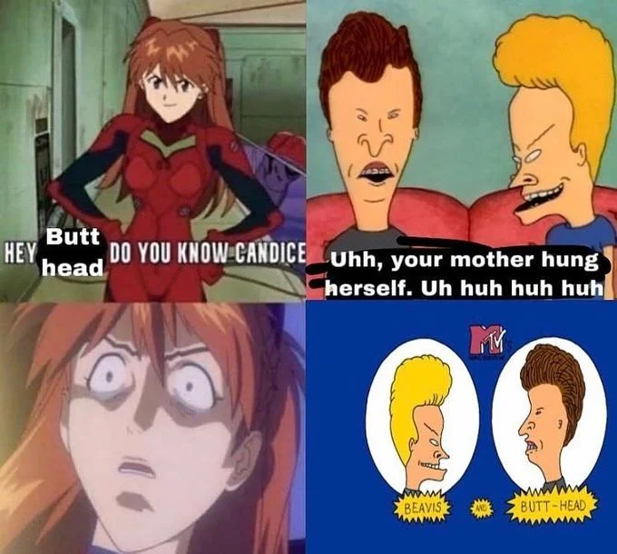 Your Mother Hung Herself — Four-panel meme replacing Carnage with Beavis and Butt-Head characters.