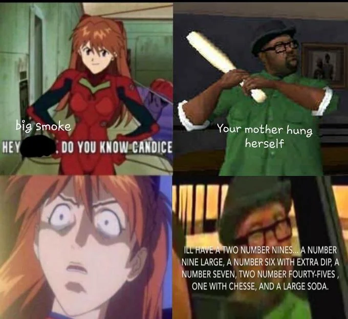 Your Mother Hung Herself — Four-panel meme replacing Carnage with Big Smoke from GTA burger order.