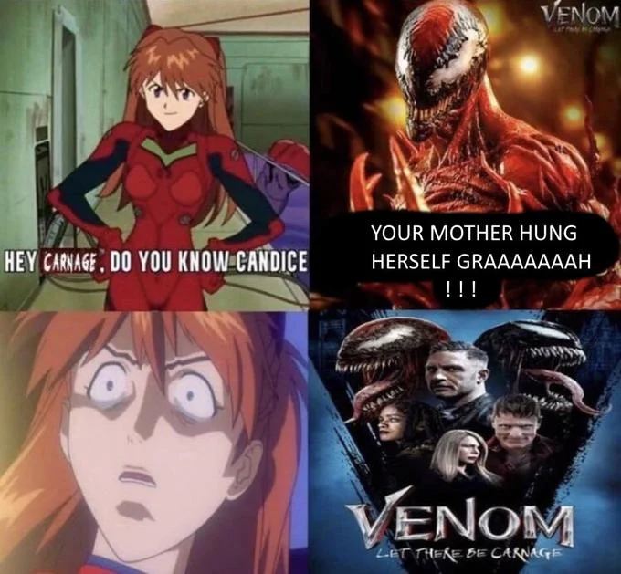 Your Mother Hung Herself — Four-panel meme showing Asuka's prank leading to Carnage's devastating yelling response.