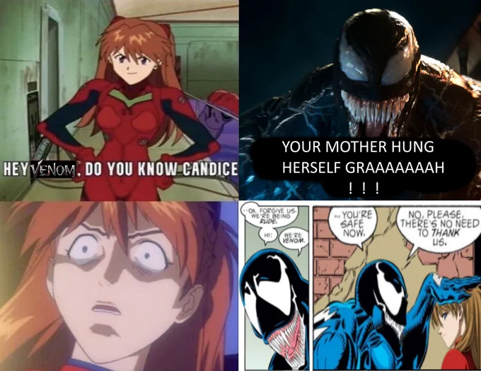 Your Mother Hung Herself — Four-panel meme with Venom response and comic reaction panels for emphasis.
