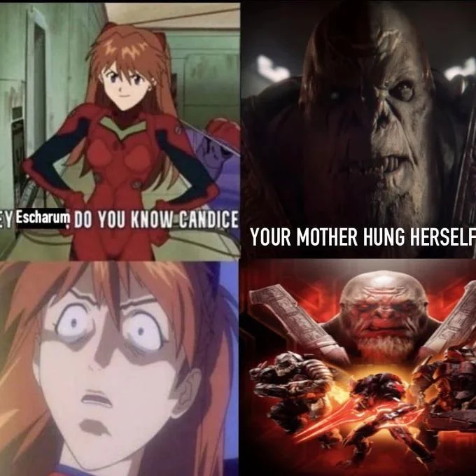 Your Mother Hung Herself — Four-panel meme substituting Halo villain Escharum for Carnage.