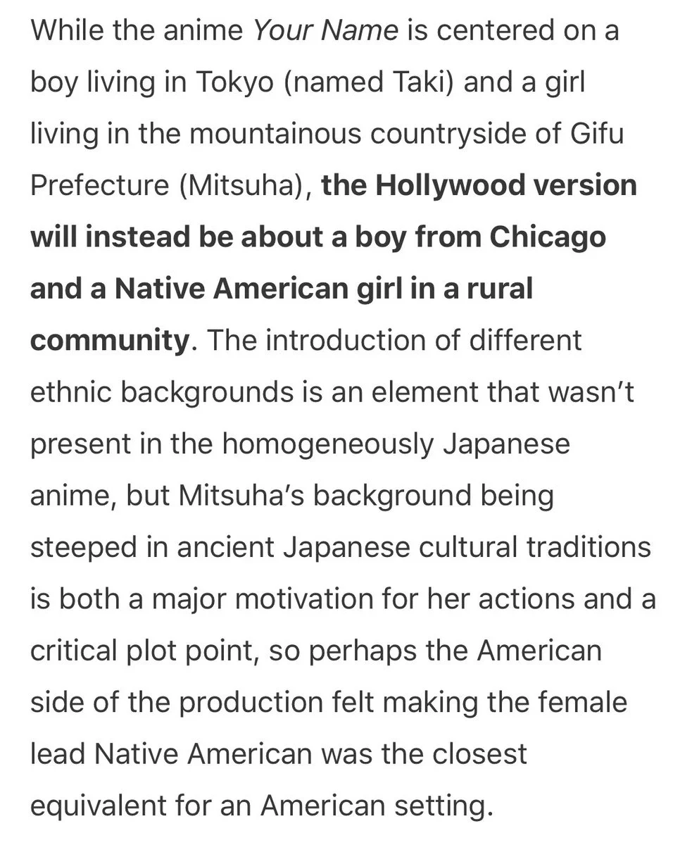 Article text about the Hollywood adaptation of Your Name featuring a Native American lead.
