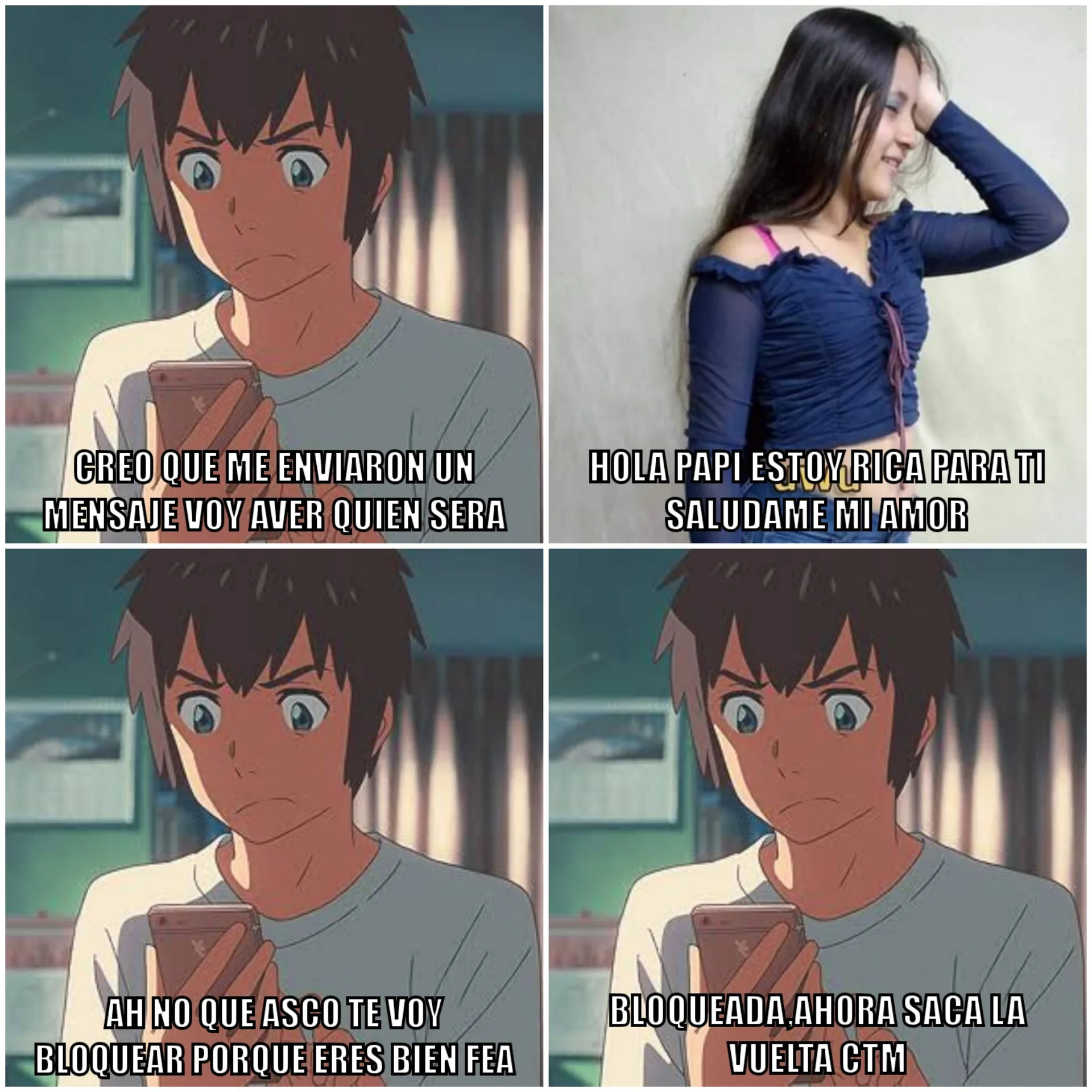 Spanish language meme using Your Name's Taki reacting to a flirtatious message.