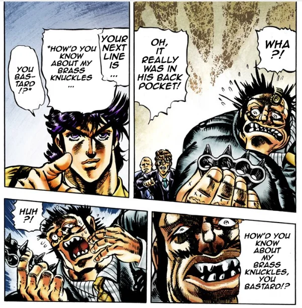 Your Next Line is... — JoJo manga panels showing Jonathan predicting opponent's line about brass knuckles