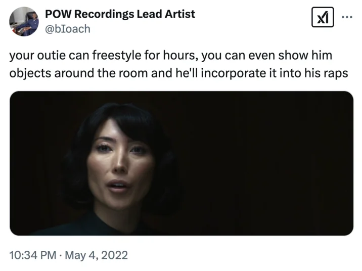 Your Outie Likes X Learning About Your Outie — Tweet joking that your outie can freestyle rap, with a still of Ms. Casey from Severance.