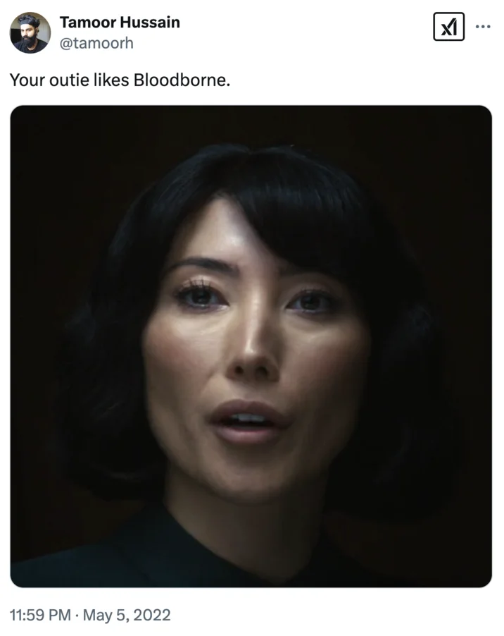 Your Outie Likes X Learning About Your Outie — Tweet reading 'Your outie likes Bloodborne.' over a Severance still of Ms. Casey.