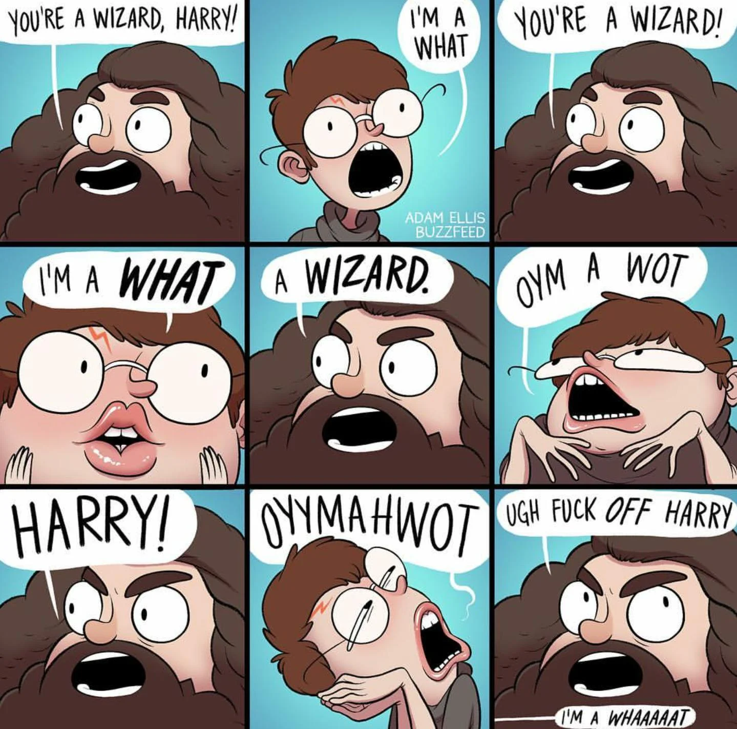 You're a Wizard, Harry! — Adam Ellis nine panel BuzzFeed comic with Hagrid and distorted Harry faces