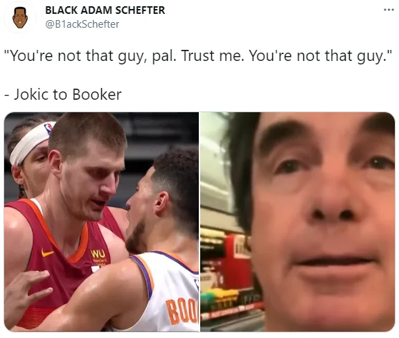 Youre Not That Guy Pal — Twitter post with iconic quote attributed to Jokic with NBA basketball game imagery.