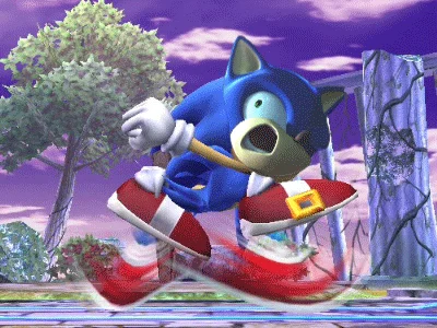 Youre Too Slow — 3D rendered Sonic character in red and white sneakers against purple landscape.