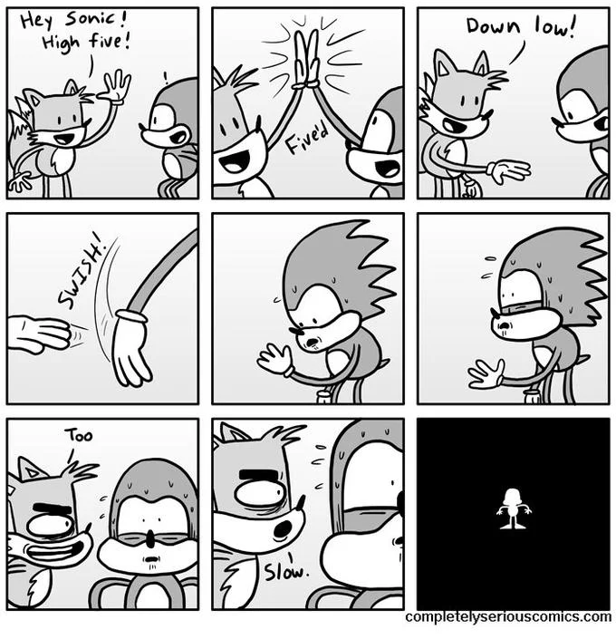 Youre Too Slow — Multi-panel black and white webcomic with Sonic and characters in dialogue.