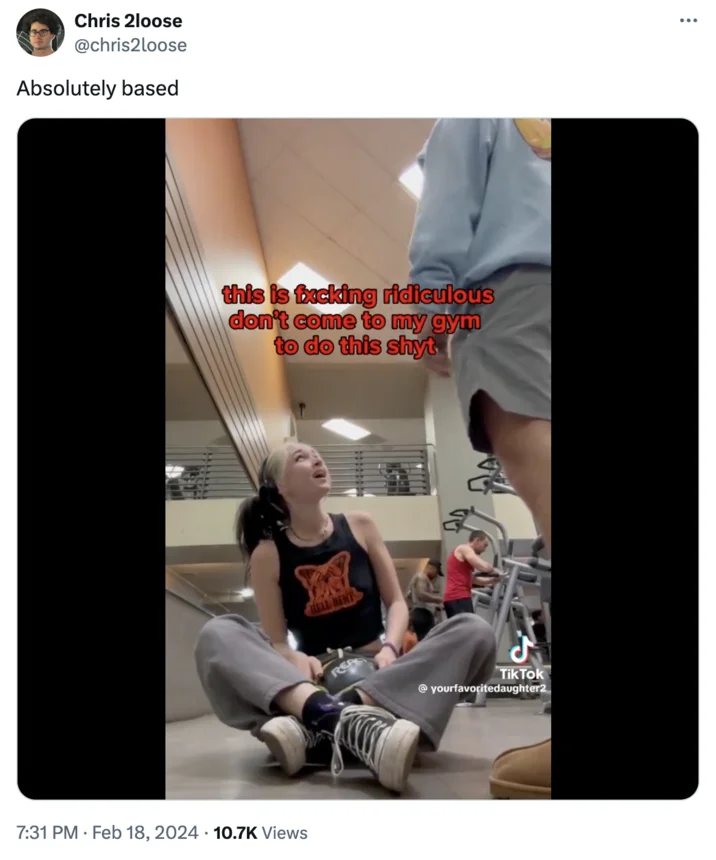 Yourfavoritedaughter2 "Leg Day Warm-Up" TikTok — Twitter post from Chris 2loose sharing the viral TikTok of @yourfavoritedaughter2 being confronted at the gym.