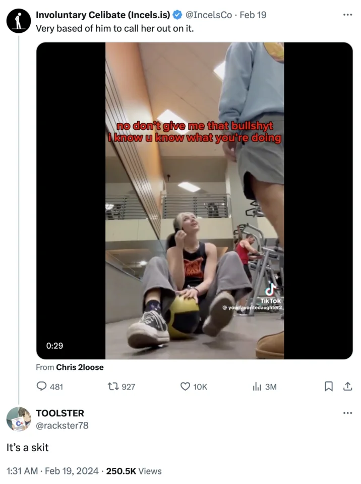 Yourfavoritedaughter2 "Leg Day Warm-Up" TikTok — Twitter post from Involuntary Celibate account commenting on the viral gym TikTok confrontation.