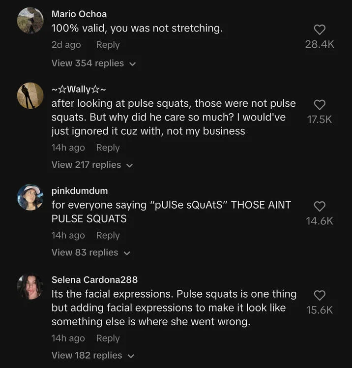 Yourfavoritedaughter2 "Leg Day Warm-Up" TikTok — TikTok comment section screenshot with reactions from Mario Ochoa, Wally, pinkdumdum, and Selena Cardona288