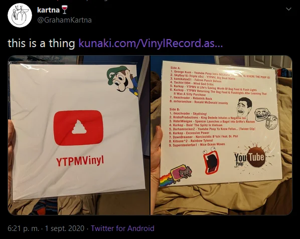 YouTube Poop Music Videos — Tweet screenshot showing a YTPMVinyl record with YouTube Poop cover art and tracklist of YTPMV artists.