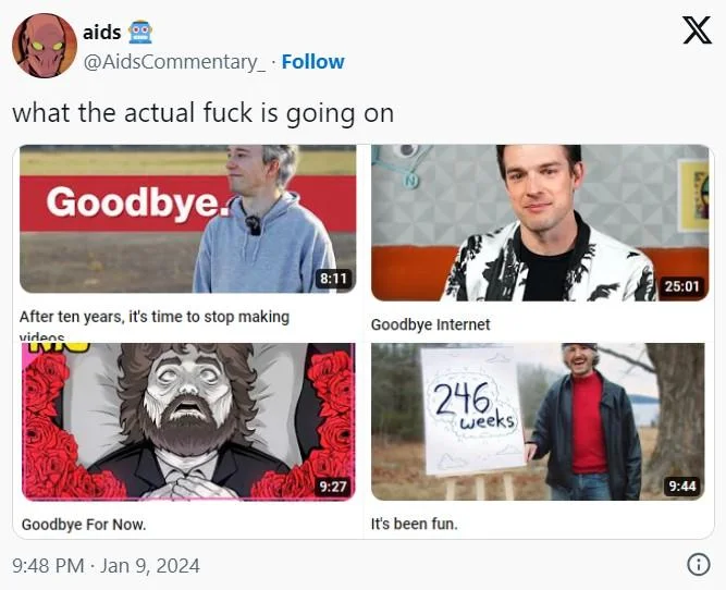 Youtubers Quitting Youtube — Twitter post showing four YouTube goodbye video thumbnails with caption asking what is going on