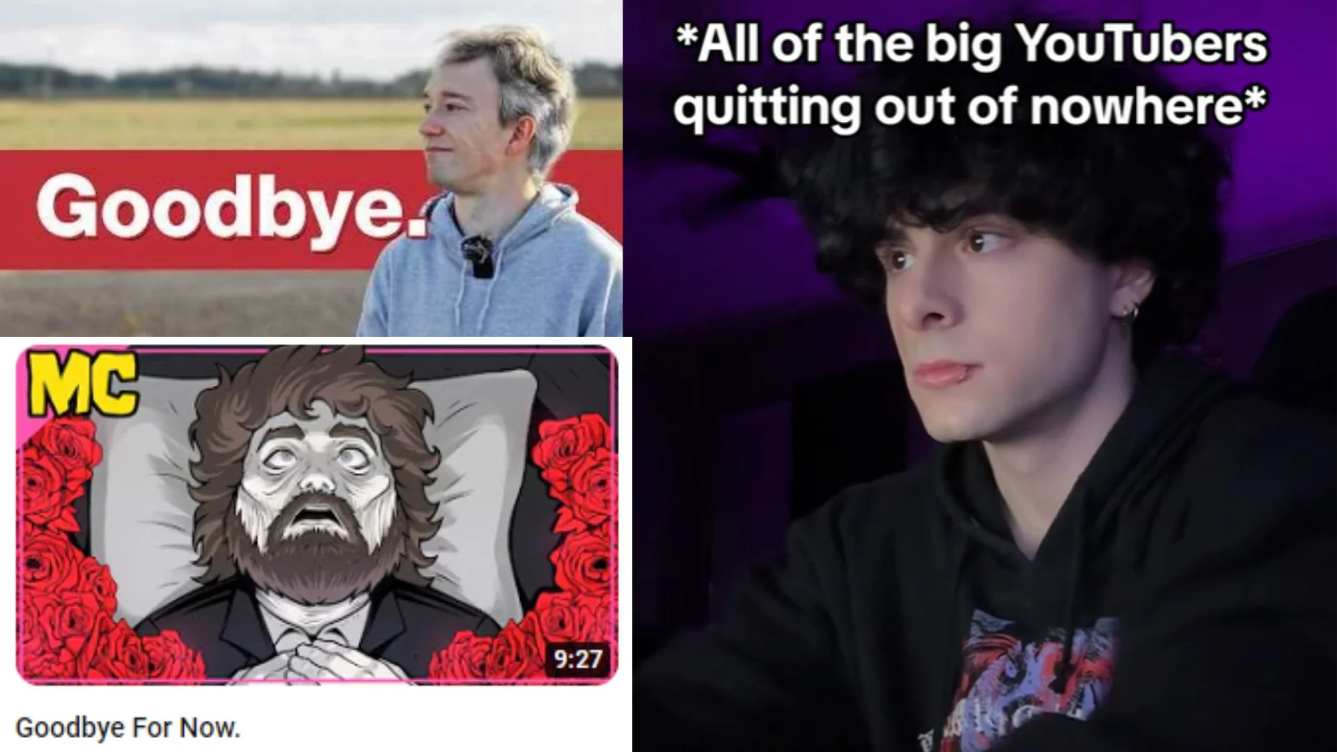 Youtubers Quitting Youtube — Collage of YouTube goodbye video thumbnails next to a reaction meme about big YouTubers quitting
