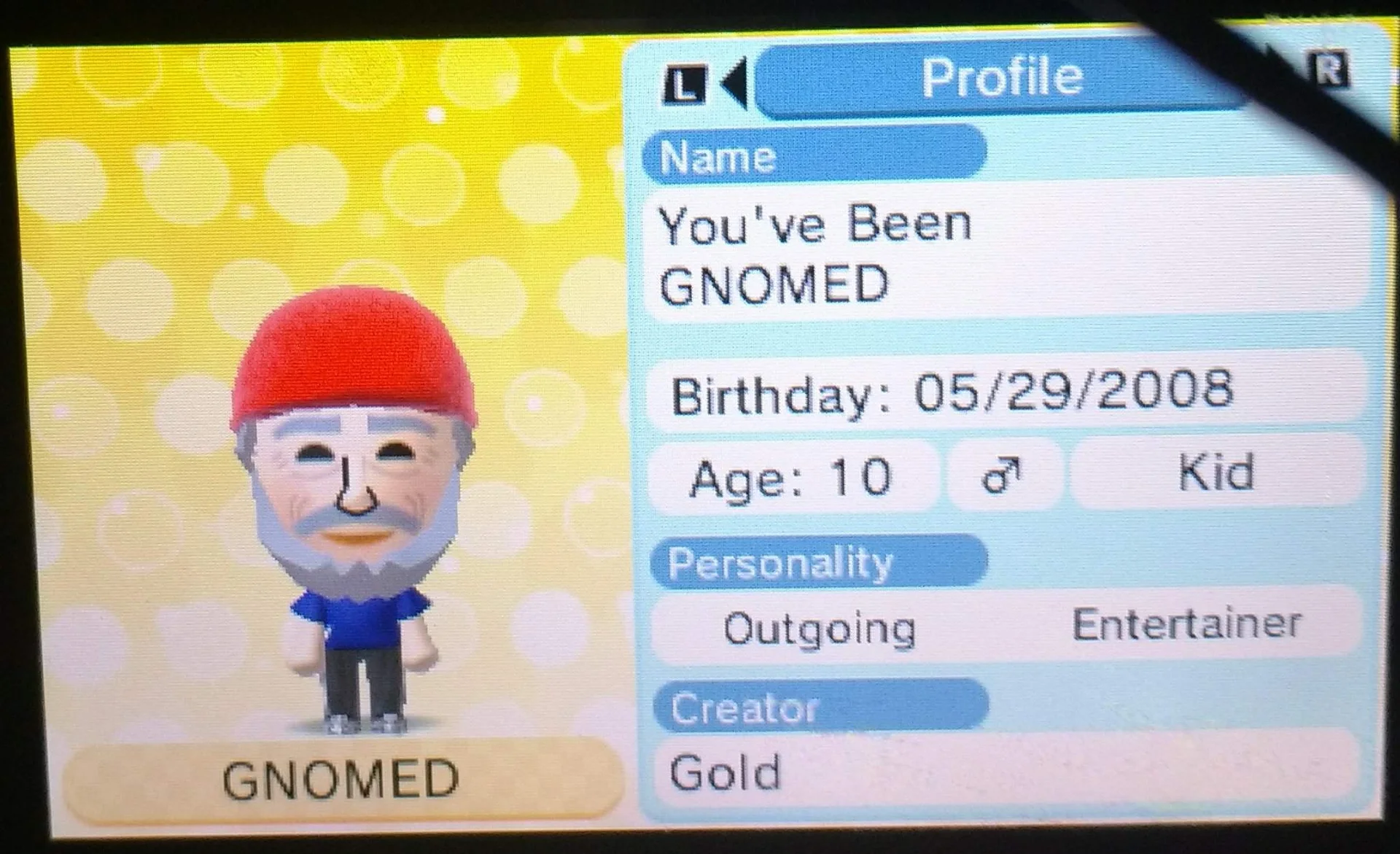 Nintendo Mii profile screen named 'You've Been GNOMED' with gnome-themed character