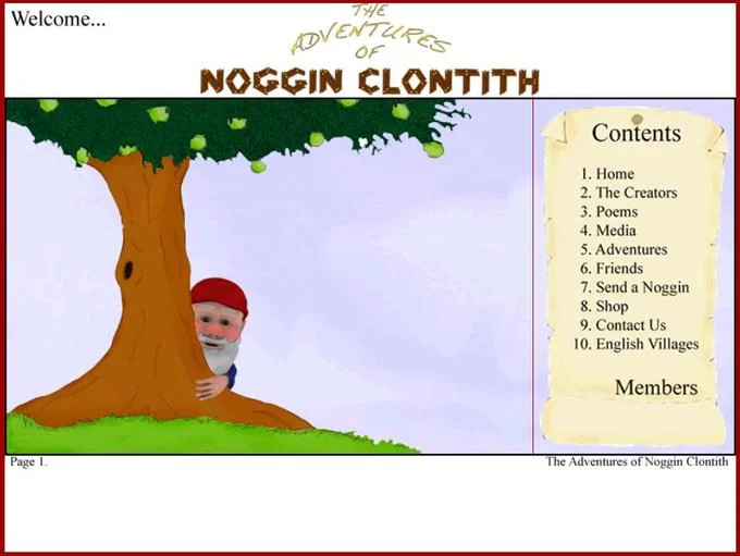 You've Been Gnomed — Screenshot of The Adventures of Noggin Clontith website featuring the gnome behind a tree