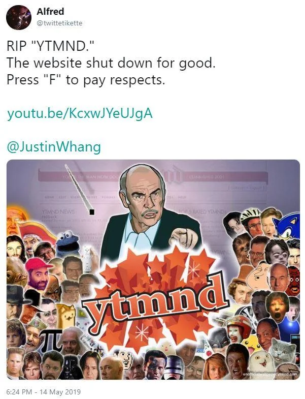 Twitter screenshot announcing YTMND's permanent closure with RIP message.
