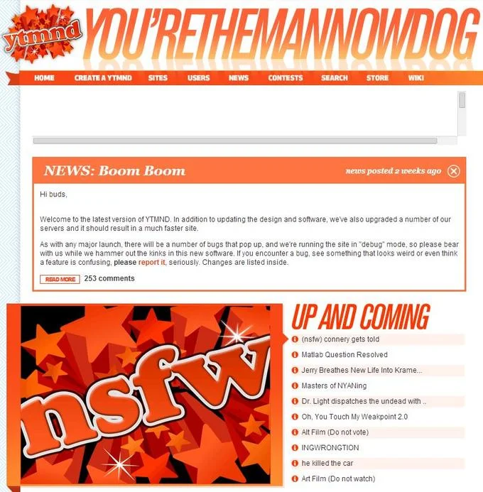 Screenshot of YTMND homepage with large orange/red header text.