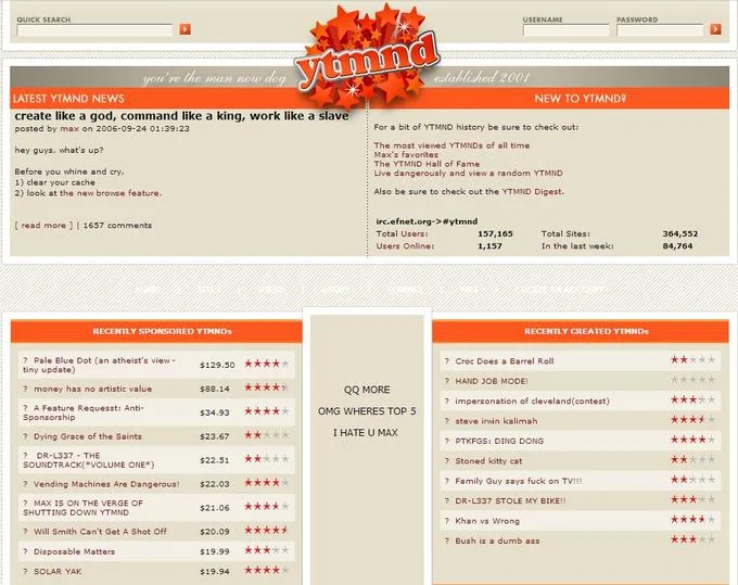Screenshot of YTMND NEWS section with navigation and recent submissions.