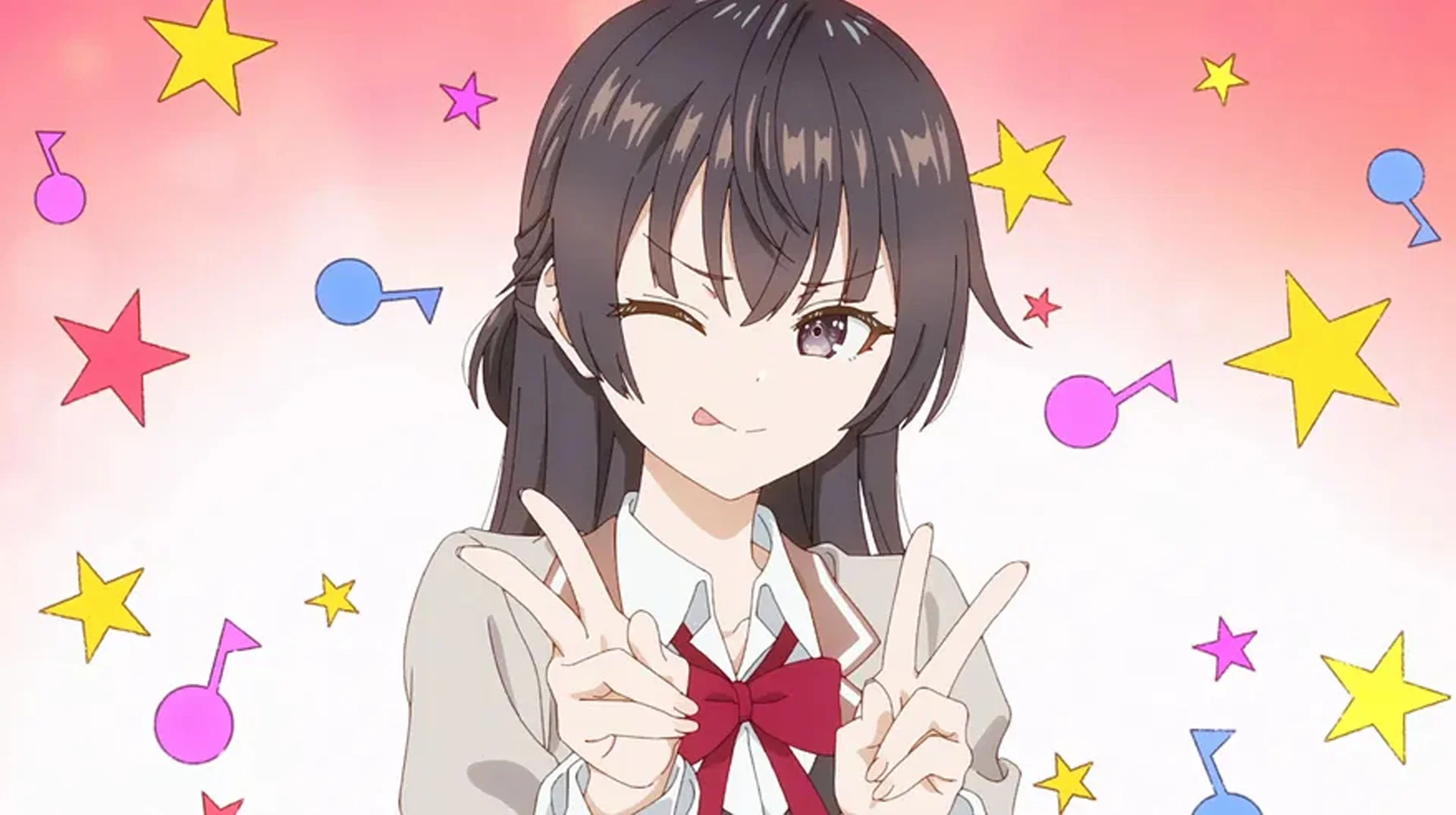 Yuki Suou — Anime girl with dark hair winking and making double peace signs in a school uniform surrounded by stars
