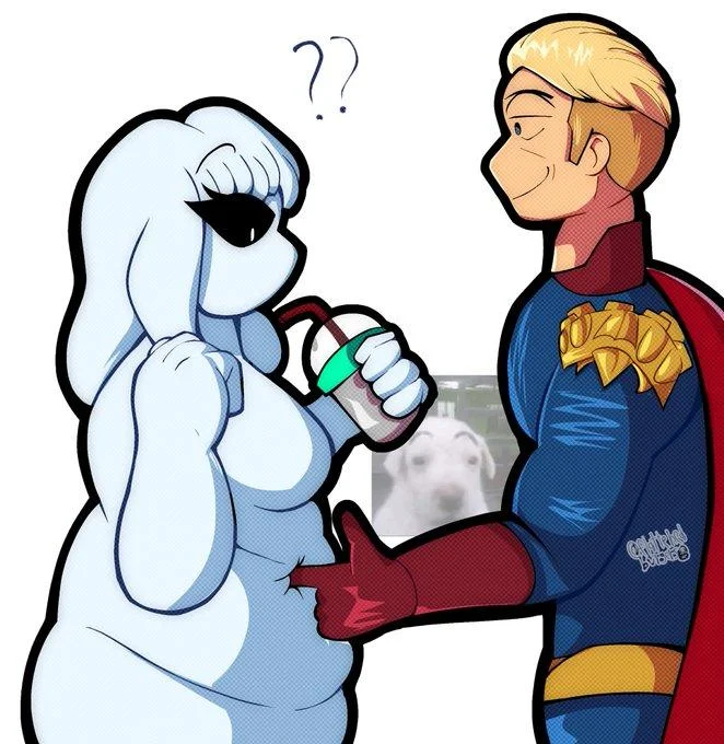 Furry snow leopard character holding a drink while being poked in the belly, captioned yummers