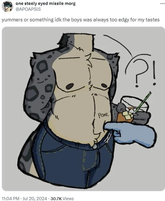 Anime illustration of a character holding a milkshake with a finger poking her belly, captioned Yummers