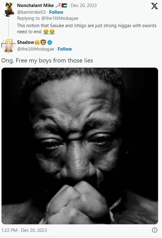 Twitter reply screenshot using the Yung Joc crying praying image in a Sasuke and Ichigo anime debate.