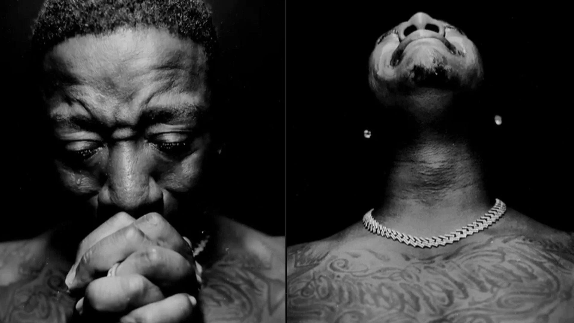 Black and white split image of Yung Joc crying with hands in prayer on the left and looking up to the sky on the right.