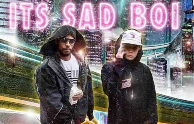 Yung Lean — Sadboys promo image with two members in rain jackets and pink neon 'Its Sad Boi' text