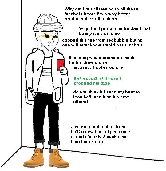 Wojak meme of a Yung Lean fan with thought bubbles about music production and bucket hats