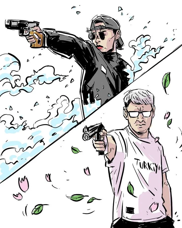 Yusuf Dikec Turkish Pistol Shooter — Colorful action illustration showing two figures in dynamic combat poses with pistols, one in tactical gear and casual