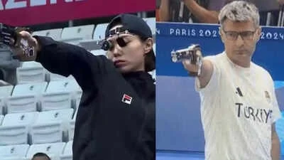 Yusuf Dikec Turkish Pistol Shooter — Side-by-side comparison of Yusuf Dikec in casual black attire and white TURKIYE Olympics uniform, showcasing minimalist