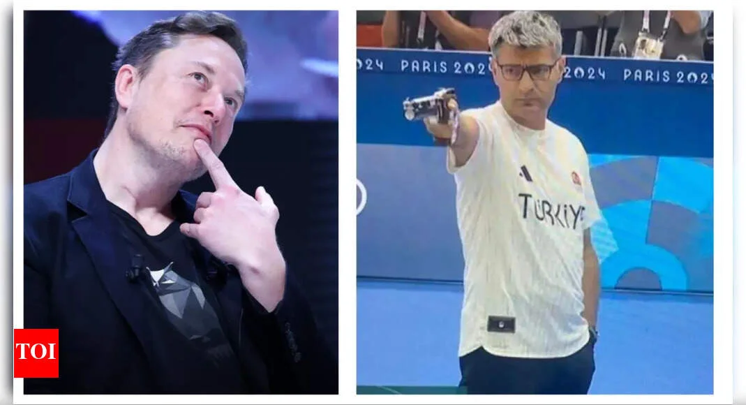 Yusuf Dikec Turkish Pistol Shooter — Two-panel meme comparing Elon Musk's pensive thinking pose with Yusuf Dikec at the Olympics.