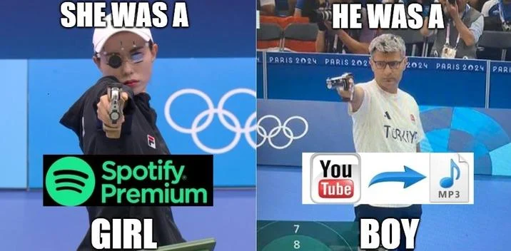Yusuf Dikec Turkish Pistol Shooter — Meme comparing Spotify Premium and YouTube-to-MP3 services using 'She was a girl' template with Yusuf Dikec minimalist