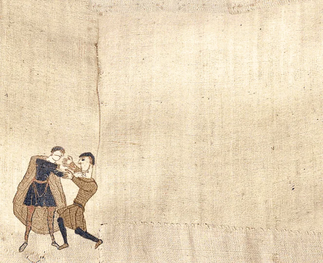 Za Warudo — Bayeux Tapestry style illustration of two medieval figures fighting
