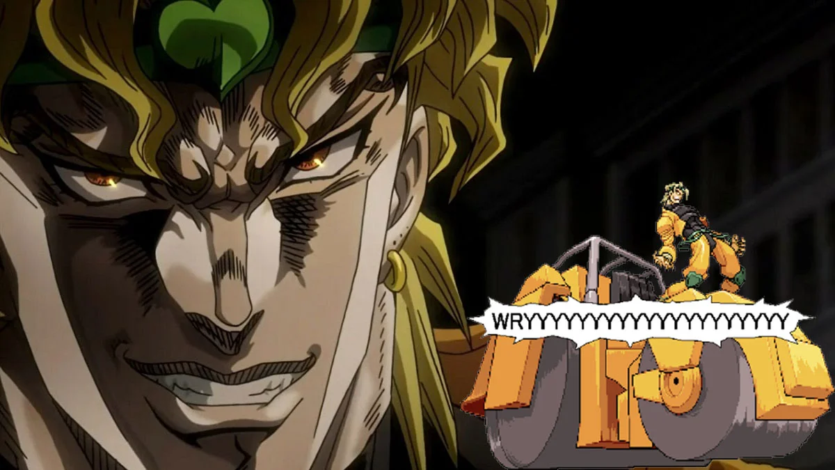 Za Warudo — DIO Brando grinning next to pixel art of him on a steamroller shouting WRYYYYYYY
