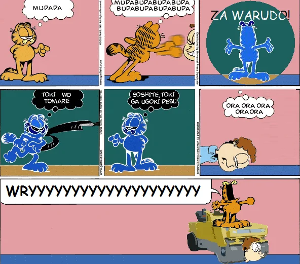 Garfield strip parody with JoJo references including Za Warudo and WRYYYYY