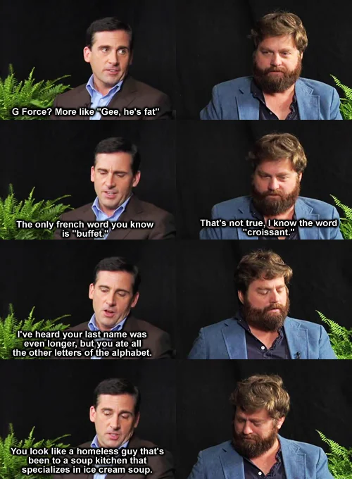 Four-panel Between Two Ferns screenshot of Zach Galifianakis and Steve Carell exchanging insults