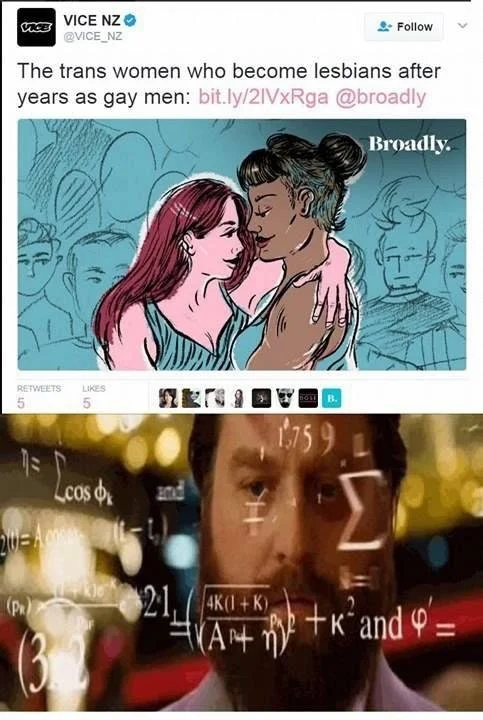 Meme pairing a Vice NZ tweet with Zach Galifianakis surrounded by floating math equations